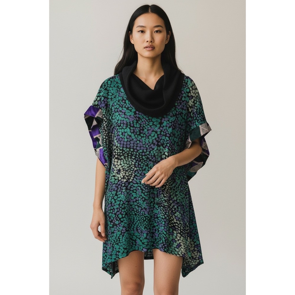 Custo Barcelona Cowl Neck Tunic Dress Teal Purple Pebble Print Wool Blend L